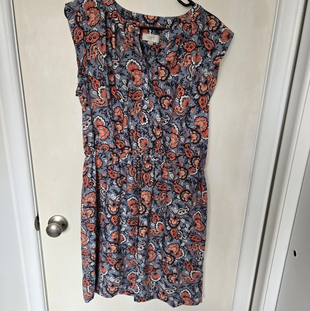 LOFT Coral and Blue Floral Dress